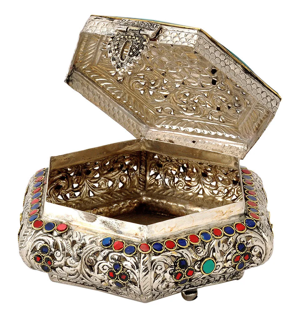 Hexagon Jewelry Box with Floral Design & Colored Mosaic