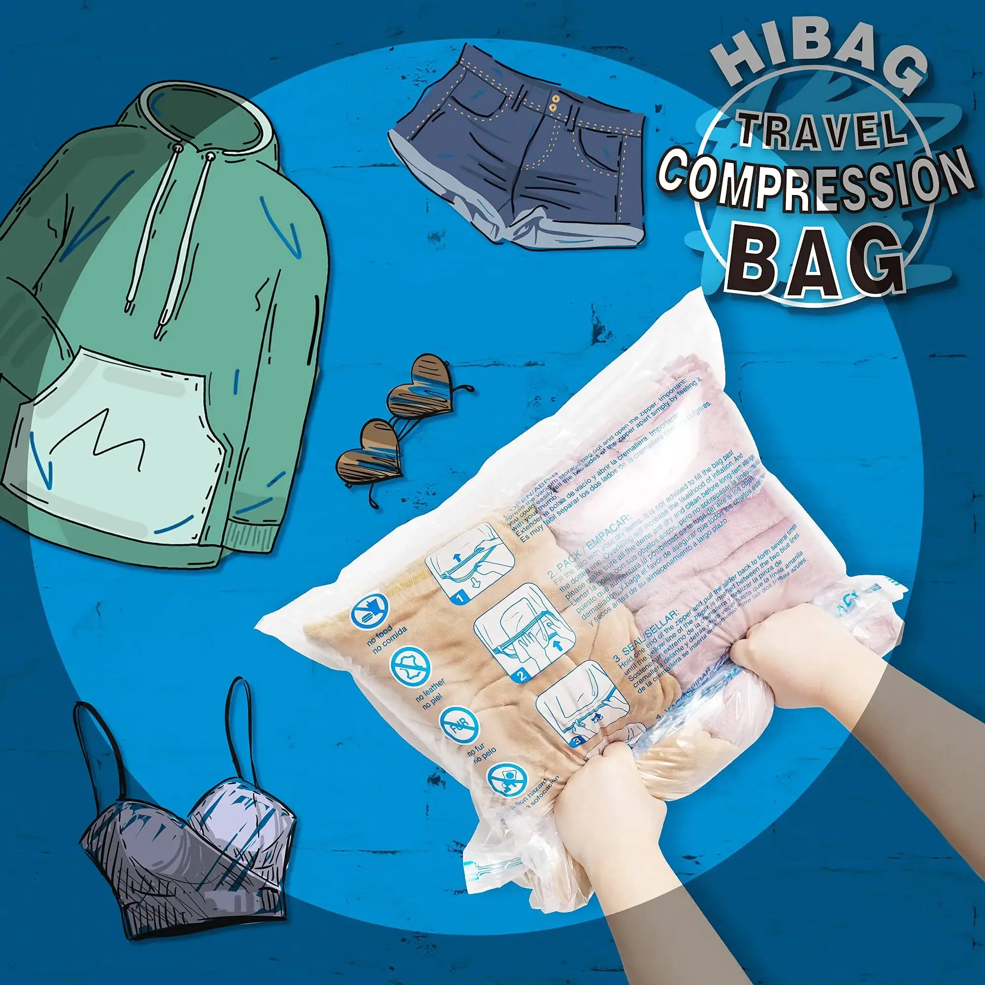 HIBAG 12 Compression Bags for Travel, Essential, Vacuum Packing Space Saver Zipper Bags 12 pk
