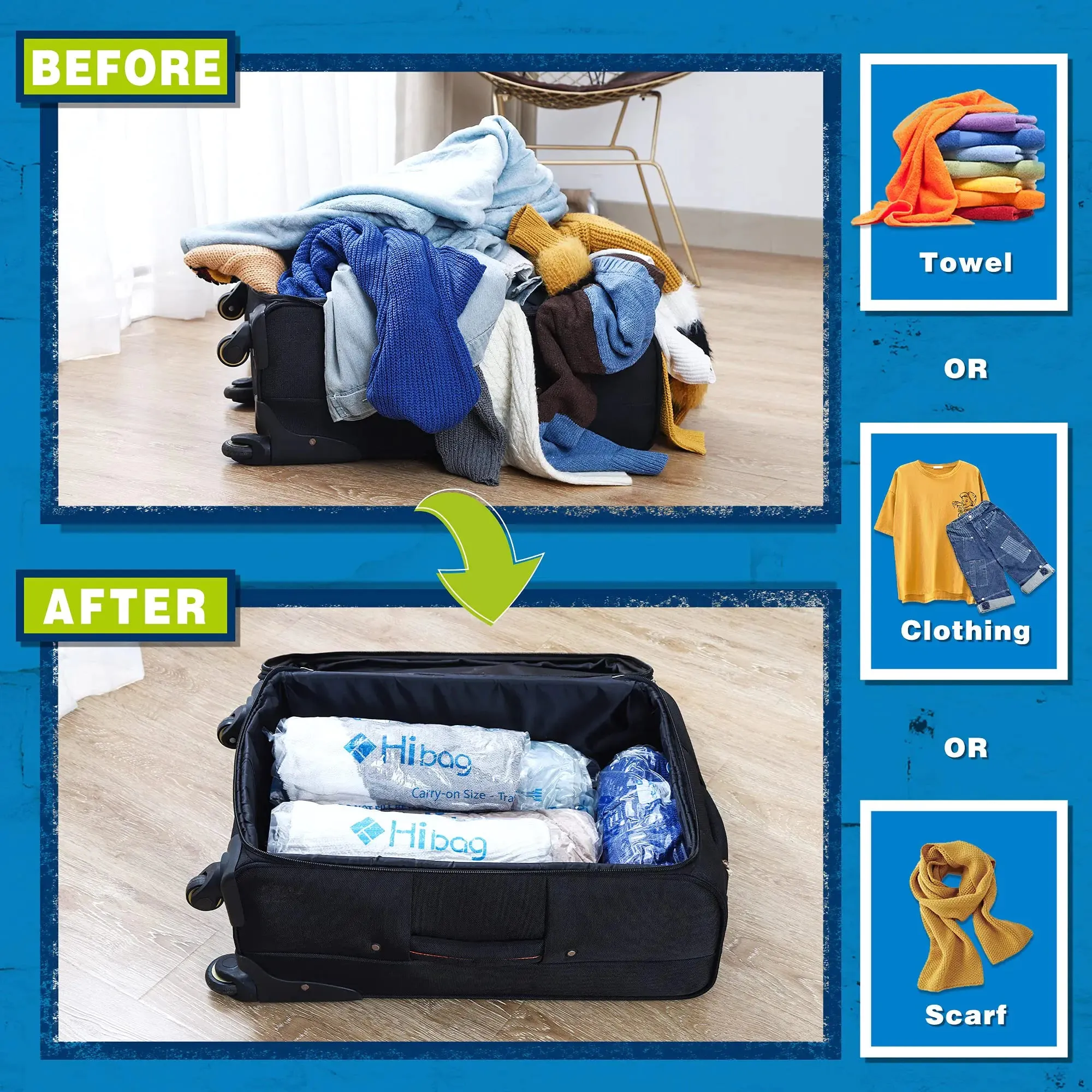 HIBAG 12 Compression Bags for Travel, Essential, Vacuum Packing Space Saver Zipper Bags 12 pk