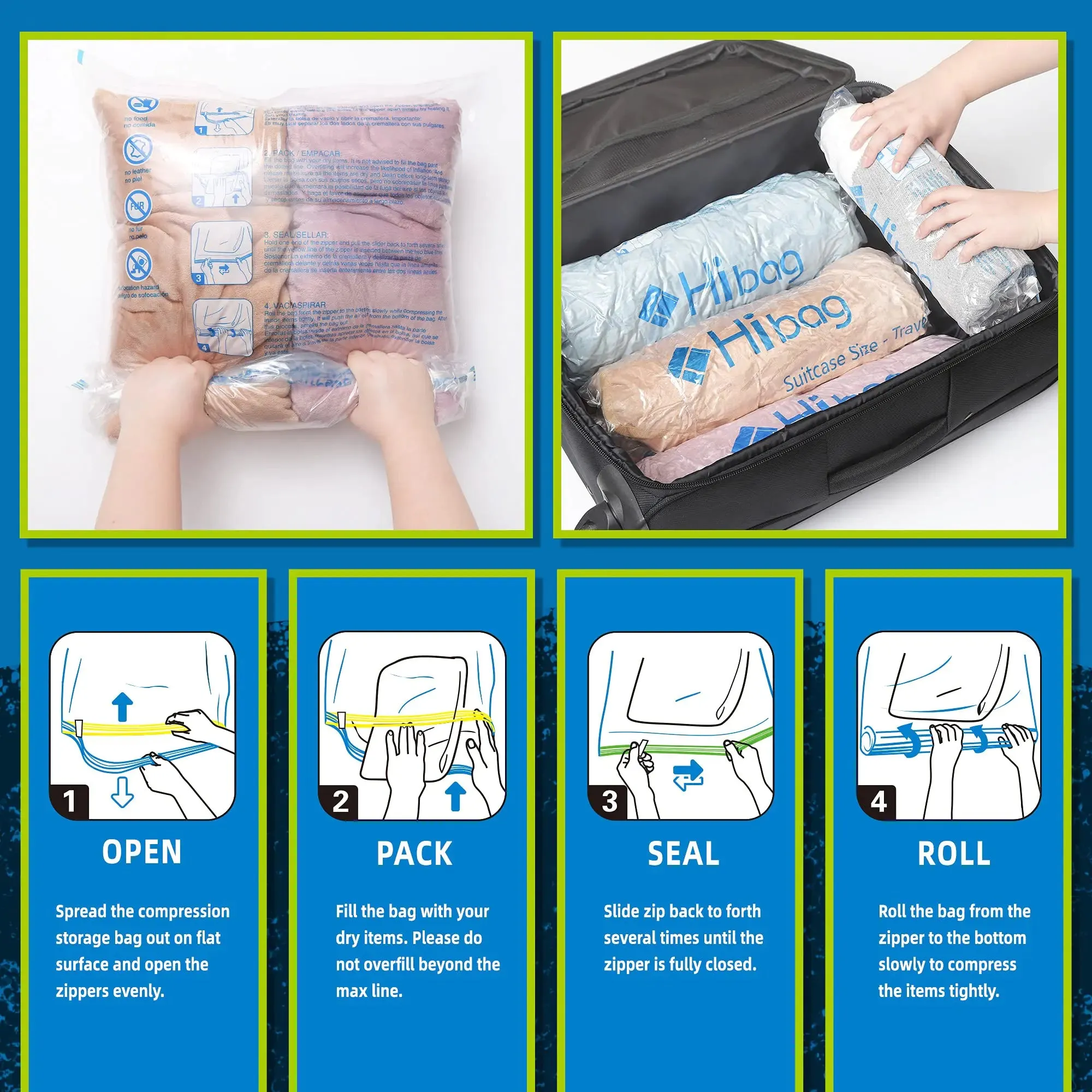 HIBAG 12 Compression Bags for Travel, Essential, Vacuum Packing Space Saver Zipper Bags 12 pk