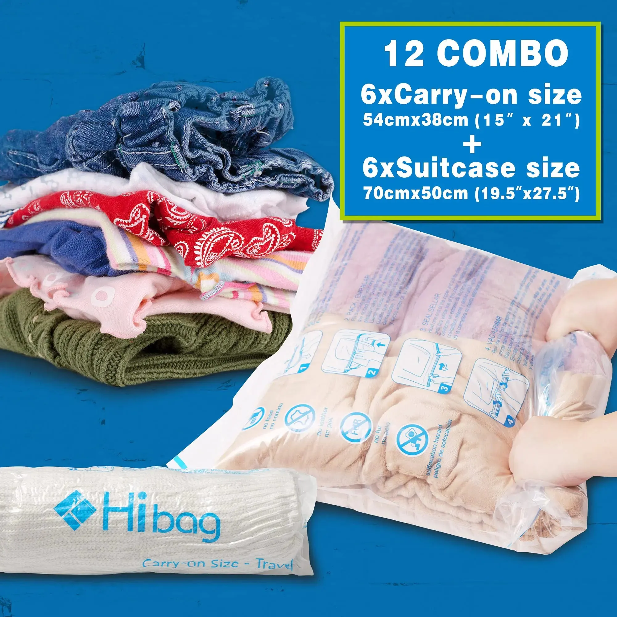 HIBAG 12 Compression Bags for Travel, Essential, Vacuum Packing Space Saver Zipper Bags 12 pk