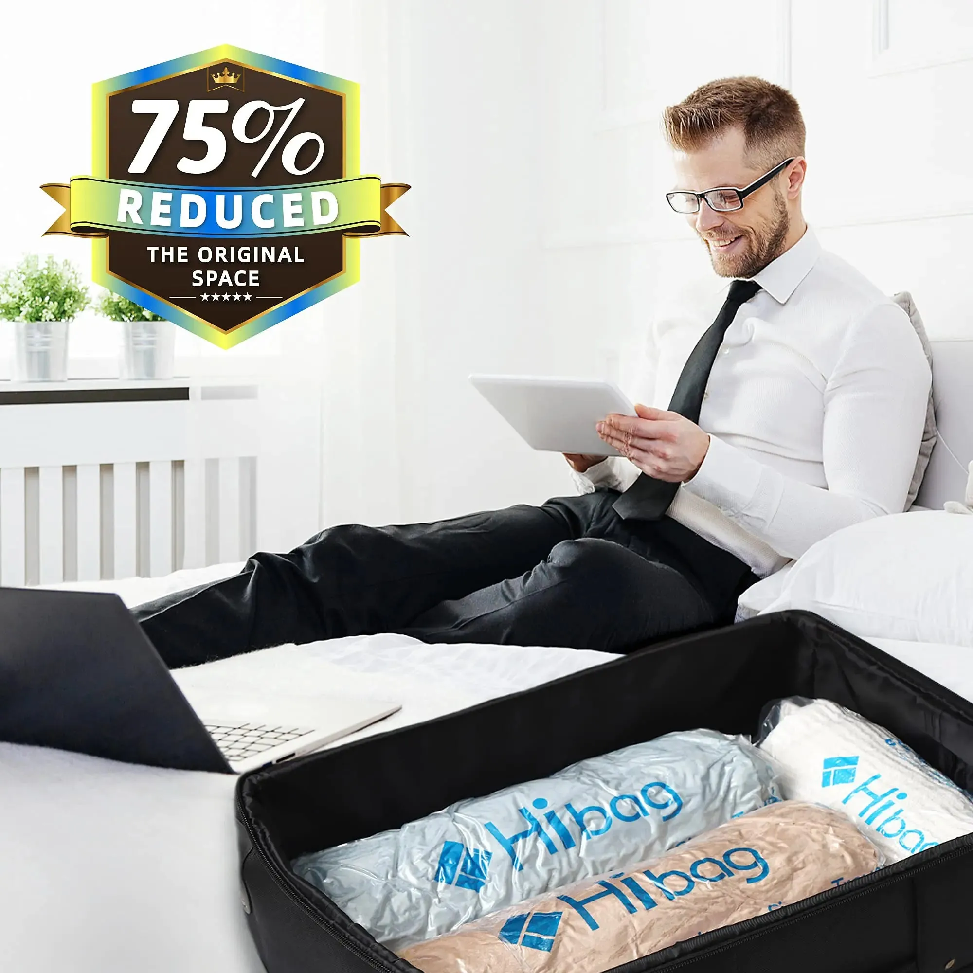 HIBAG 12 Compression Bags for Travel, Essential, Vacuum Packing Space Saver Zipper Bags 12 pk