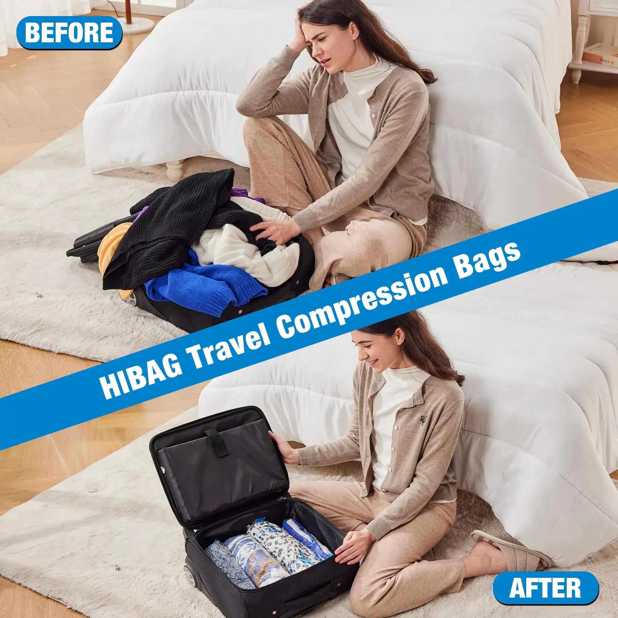 HIBAG 12 Compression Bags for Travel, Essential, Vacuum Packing Space Saver Zipper Bags 12 pk
