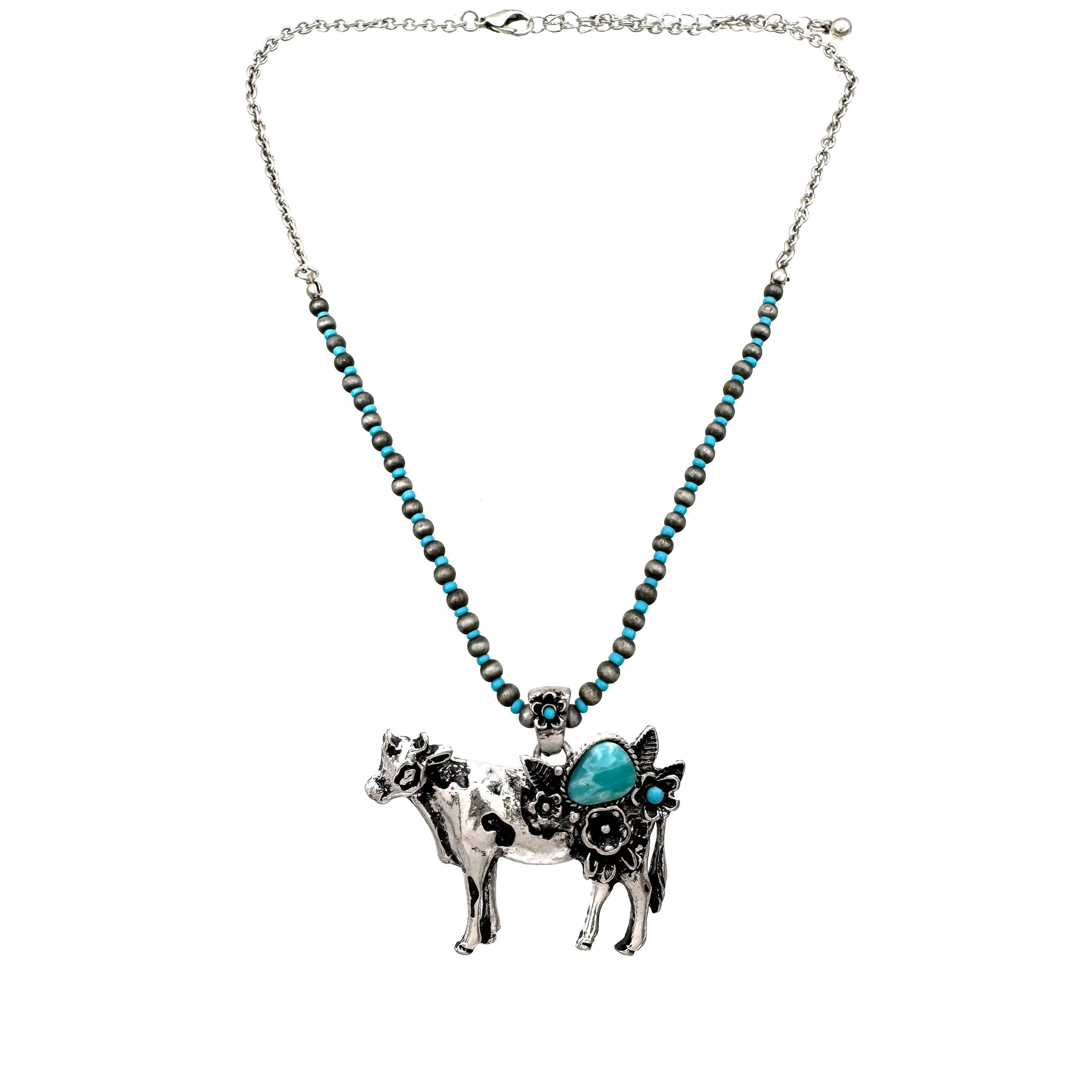 Highland Cattle Farm Animal Western Navajo Turquoise Beads Necklace: