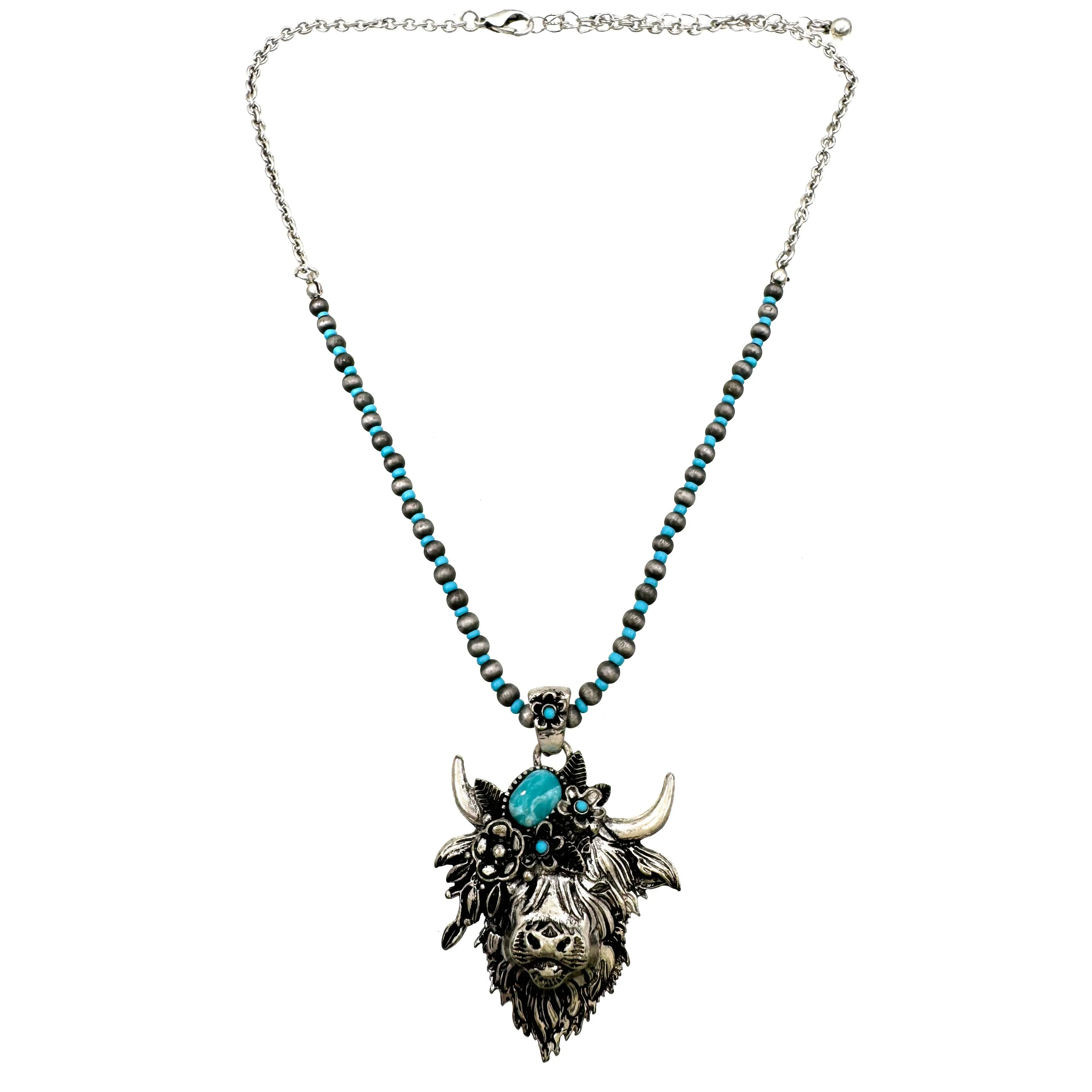 Highland Cattle Farm Animal Western Navajo Turquoise Beads Necklace: