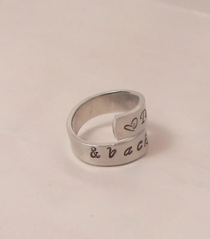 I love you to the moon and back wrap ring,  personalized hand stamped jewelry, custom stamped jewelry gift handstamped jewelry