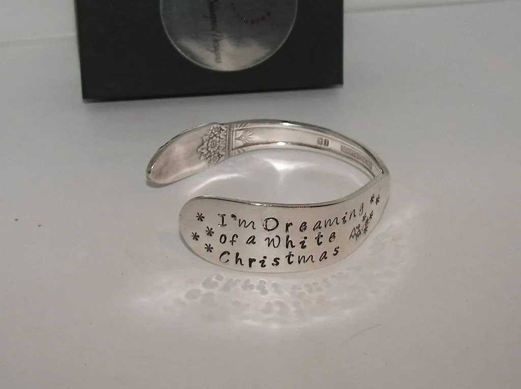 I'm dreaming of a white Christmas vintage  silverware cuff, personalized hand stamped cuff bracelet, custom spoon jewelry