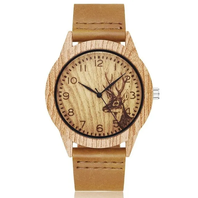Imitation Wood Watch Men Women Quartz Imitate Wooden Watch Ostrich Deer Man Wristwatch Soft Leather Band Male Wrist Clock Reloj