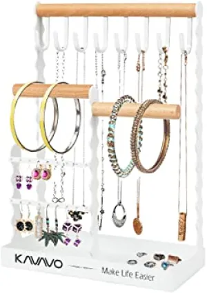 Jewelry Organizer,Necklace Holder Earring Display Stand Jewelry Tree with Wooden Ring Tray and Hooks Storage Necklaces, Bracelets, Rings, Watches Metal Desk Organizer Jewelry Stand.