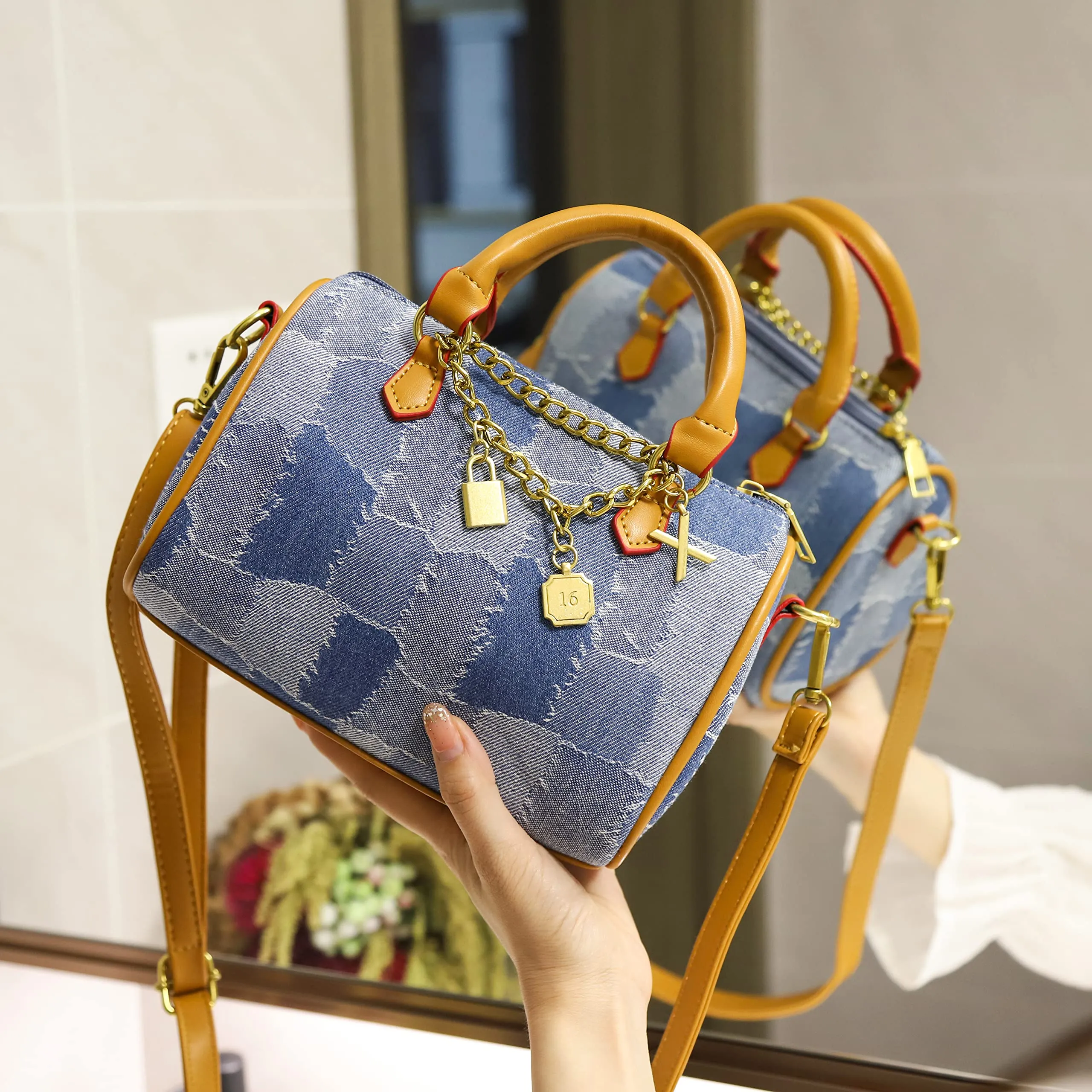 JOZZYAPA Mini Denim Boston Barrel Bags, Quilted Checkered Handbag, Crossbody bags