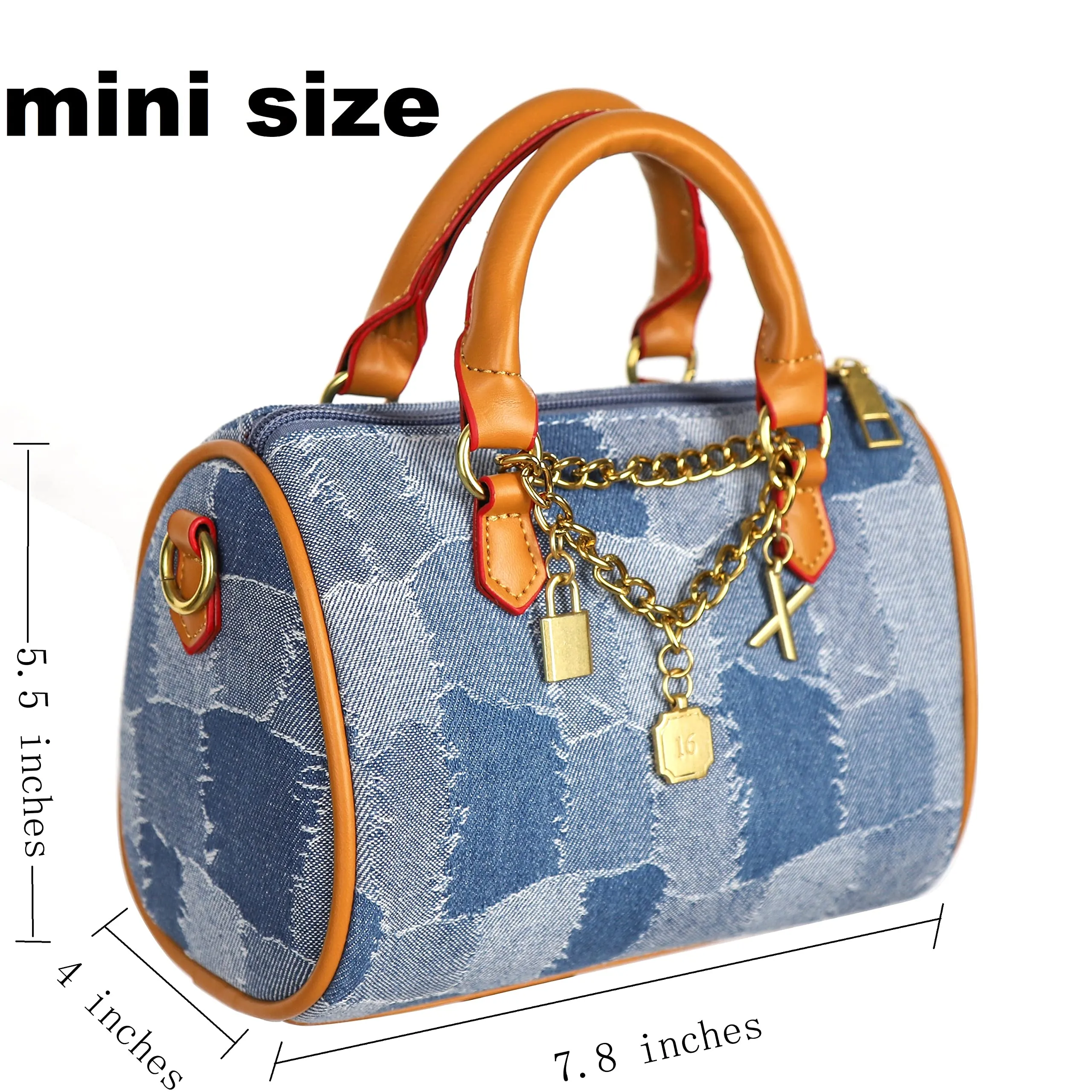 JOZZYAPA Mini Denim Boston Barrel Bags, Quilted Checkered Handbag, Crossbody bags