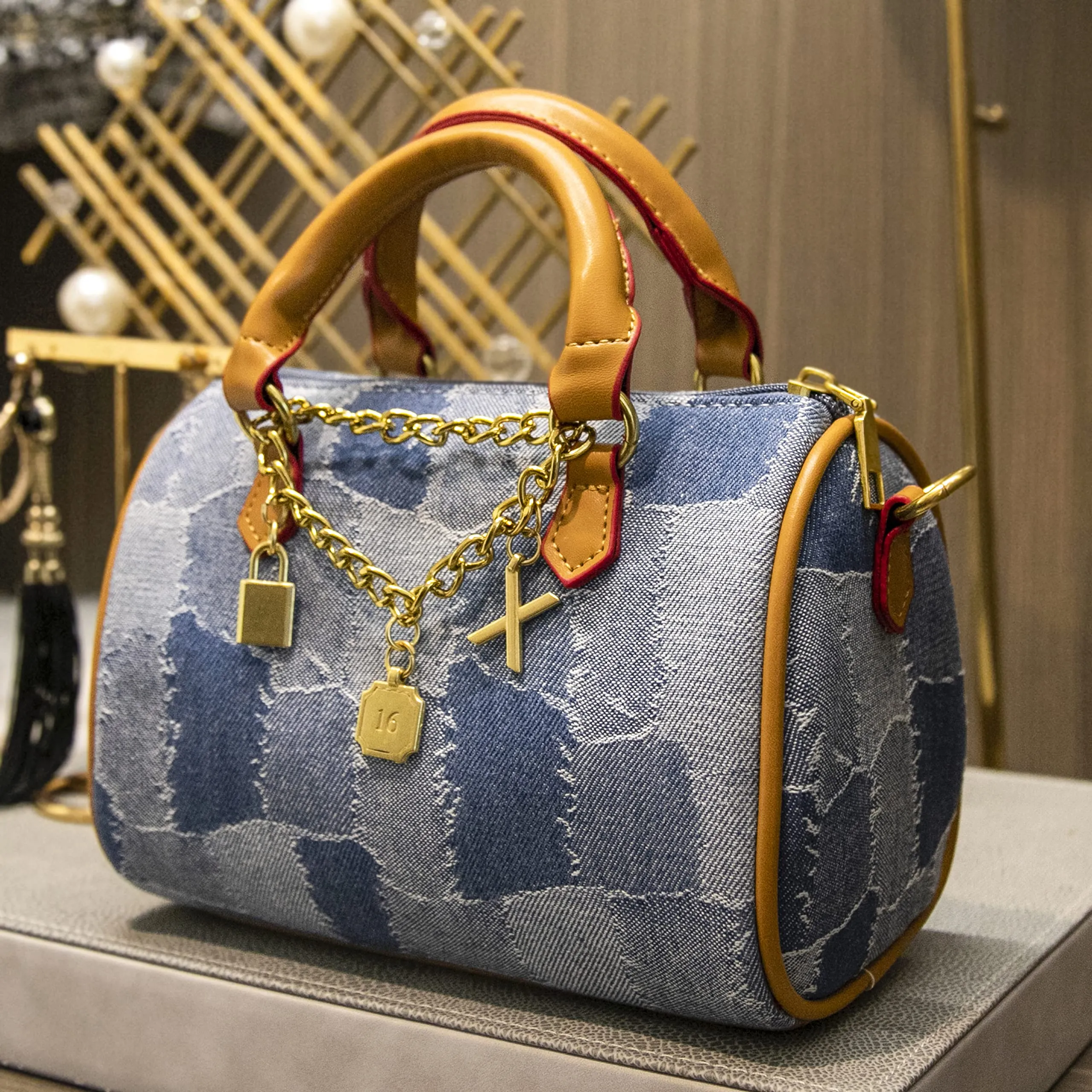 JOZZYAPA Mini Denim Boston Barrel Bags, Quilted Checkered Handbag, Crossbody bags