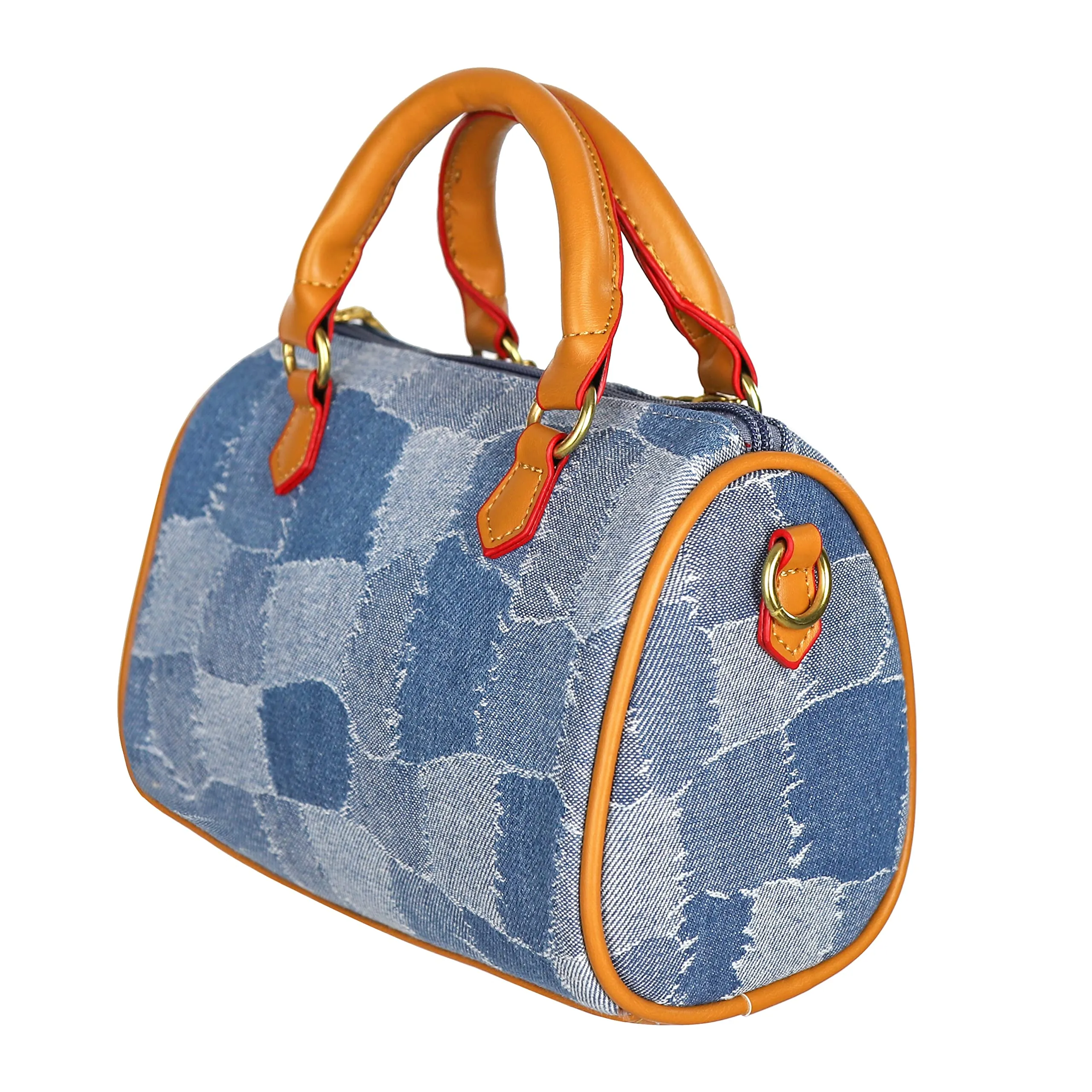 JOZZYAPA Mini Denim Boston Barrel Bags, Quilted Checkered Handbag, Crossbody bags