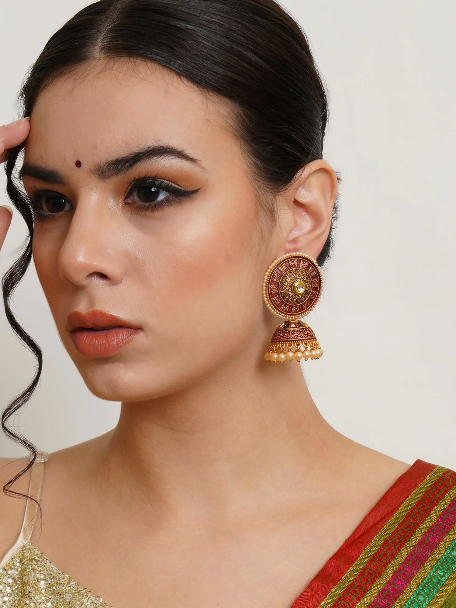 Karatcart Gold Plated Antique Floral Design Maroon Jhumki Earrings for Women