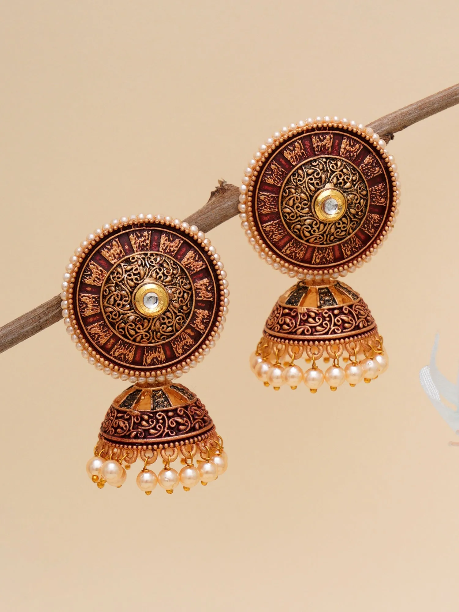 Karatcart Gold Plated Antique Floral Design Maroon Jhumki Earrings for Women