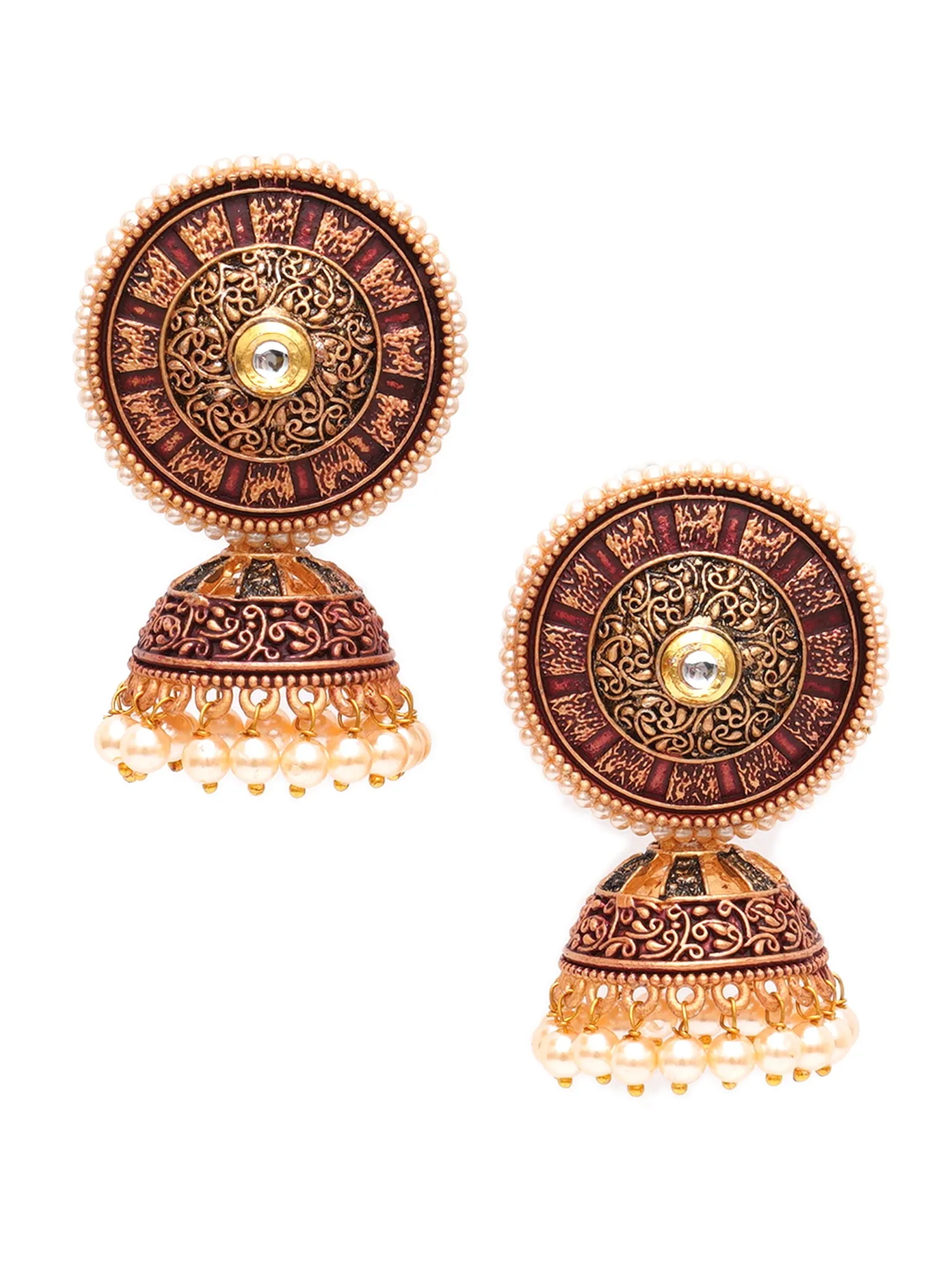 Karatcart Gold Plated Antique Floral Design Maroon Jhumki Earrings for Women