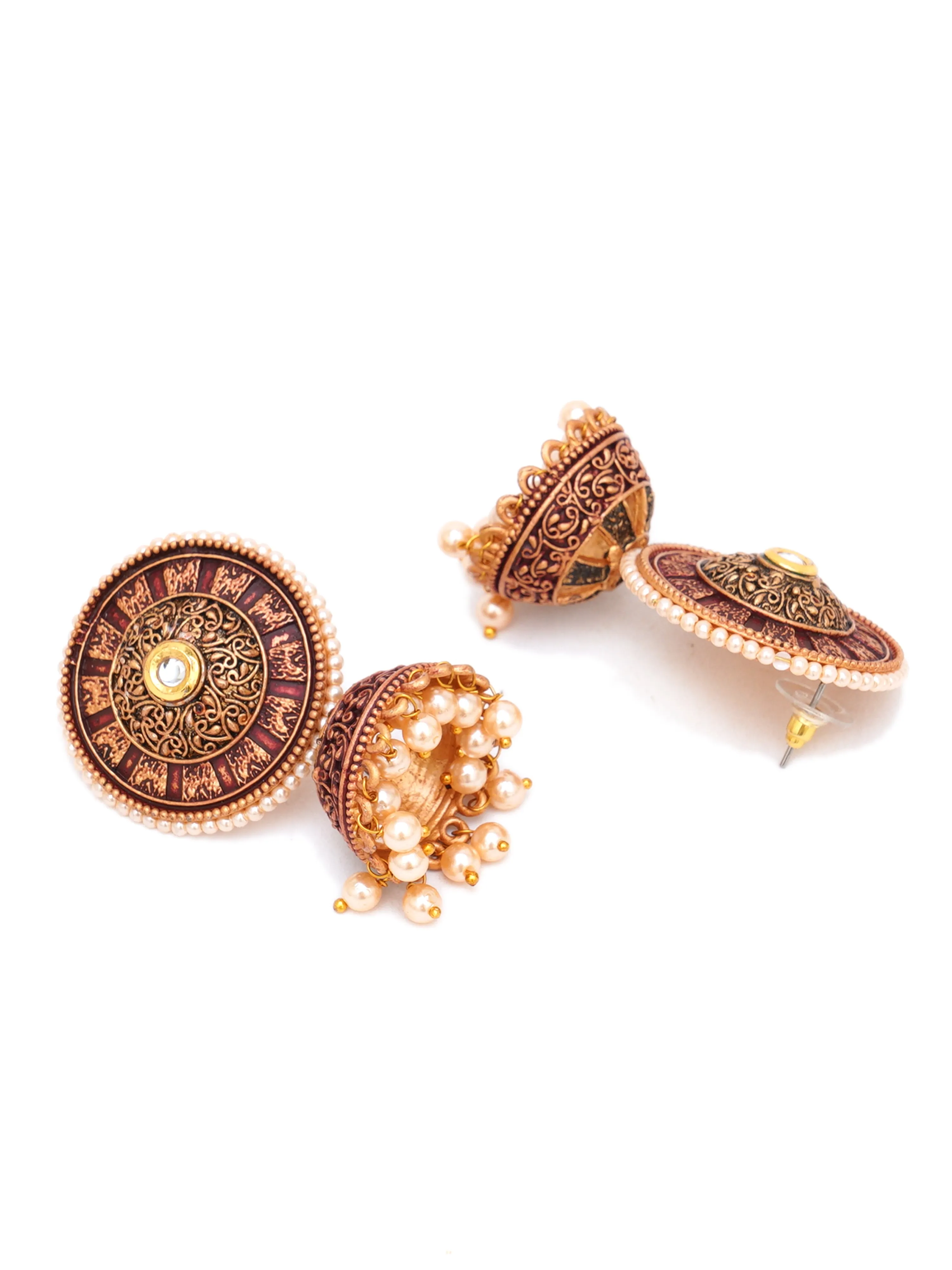 Karatcart Gold Plated Antique Floral Design Maroon Jhumki Earrings for Women