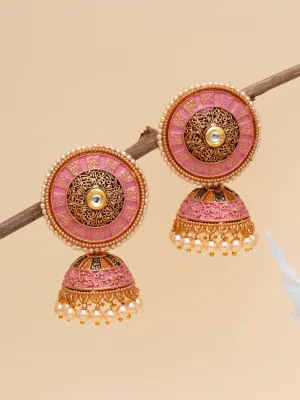 Karatcart Gold Plated Antique Floral Design Pink Jhumki Earrings for Women