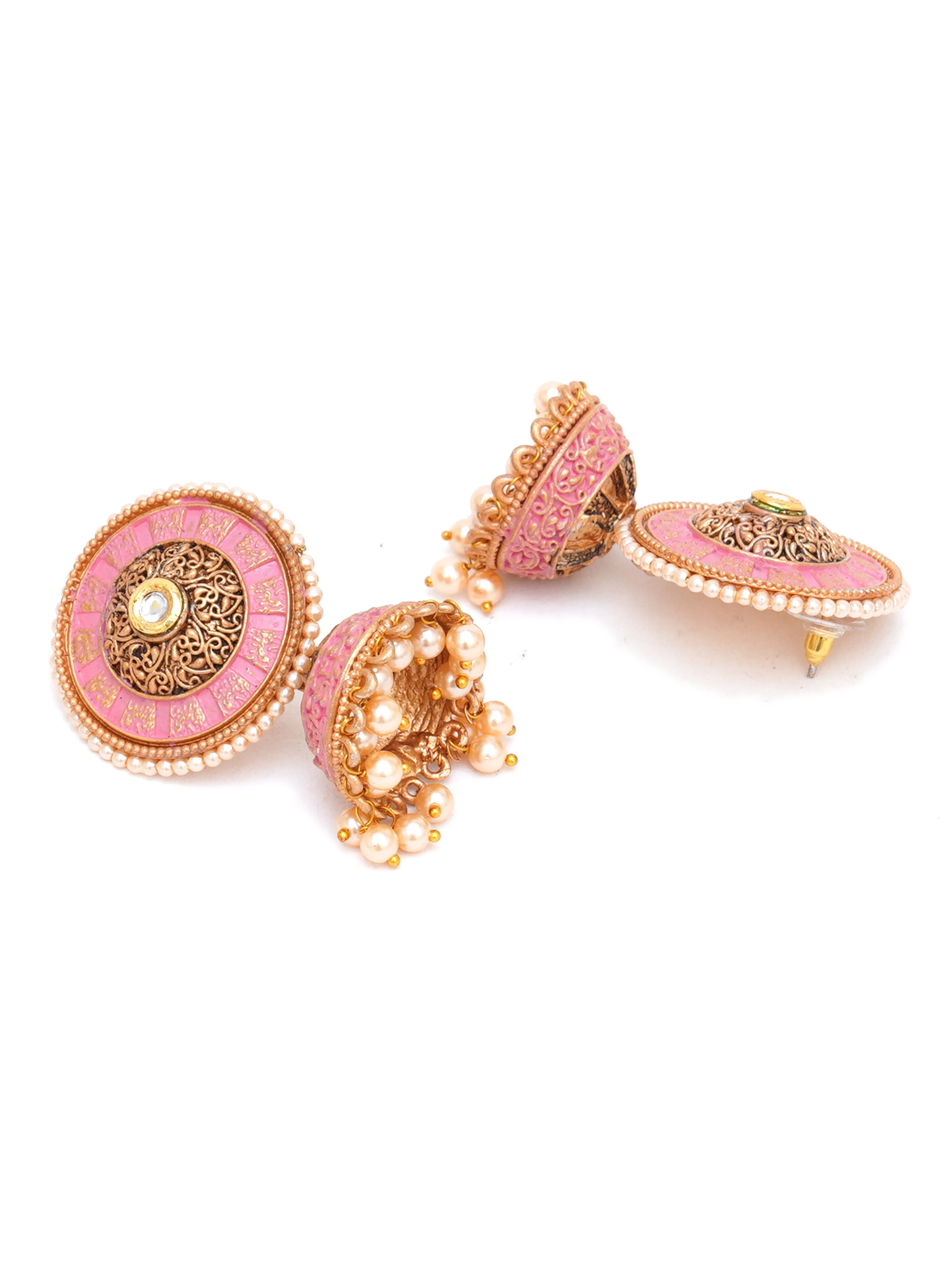 Karatcart Gold Plated Antique Floral Design Pink Jhumki Earrings for Women