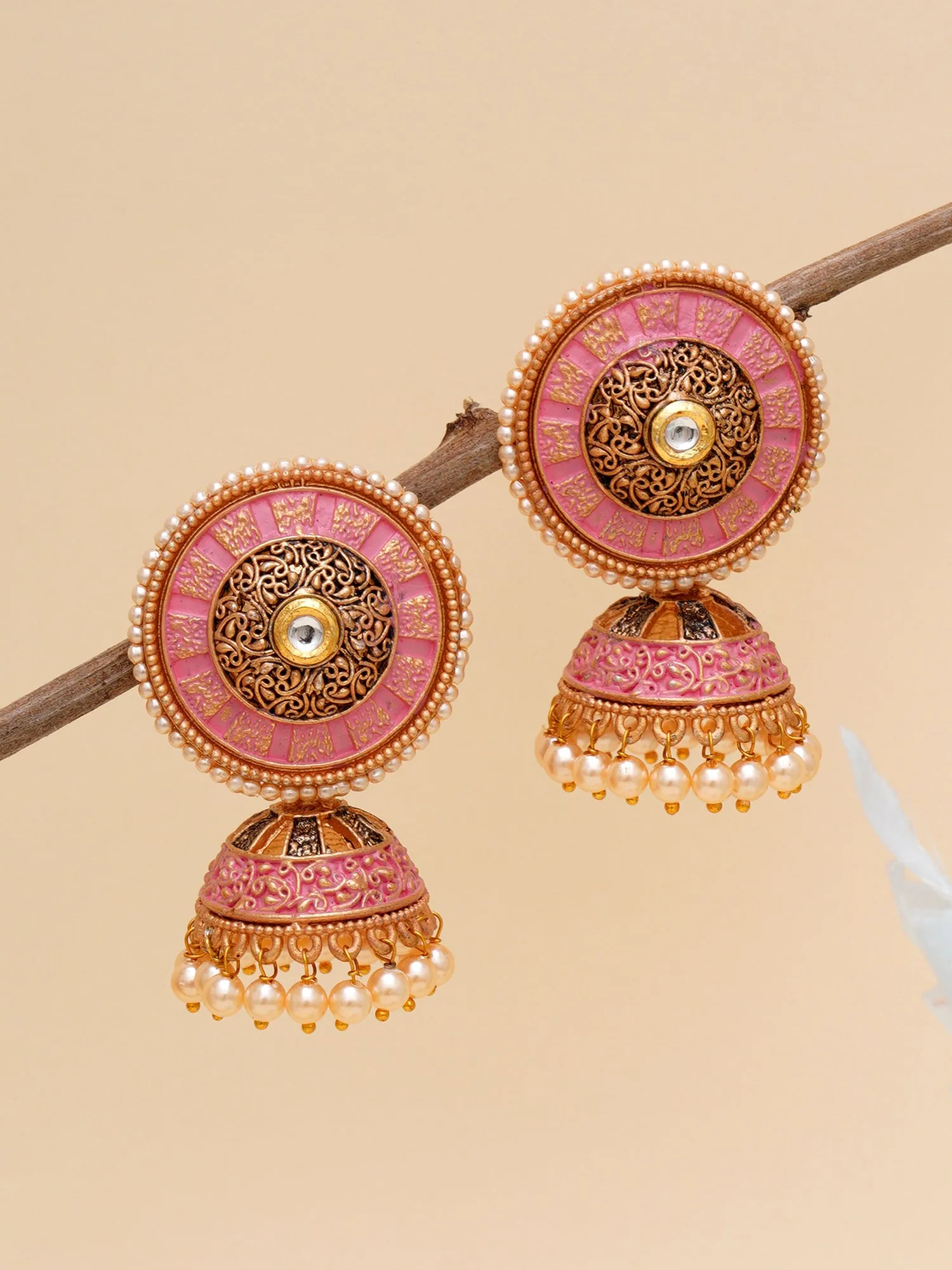 Karatcart Gold Plated Antique Floral Design Pink Jhumki Earrings for Women