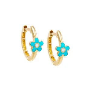 Kids Blue Enamel Flower Huggie Earring 14K
