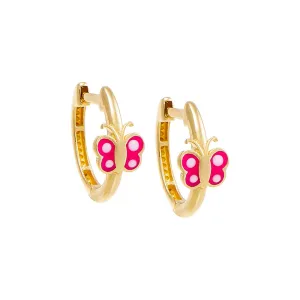 Kids Pink Enamel Butterfly Huggie Earring 14K