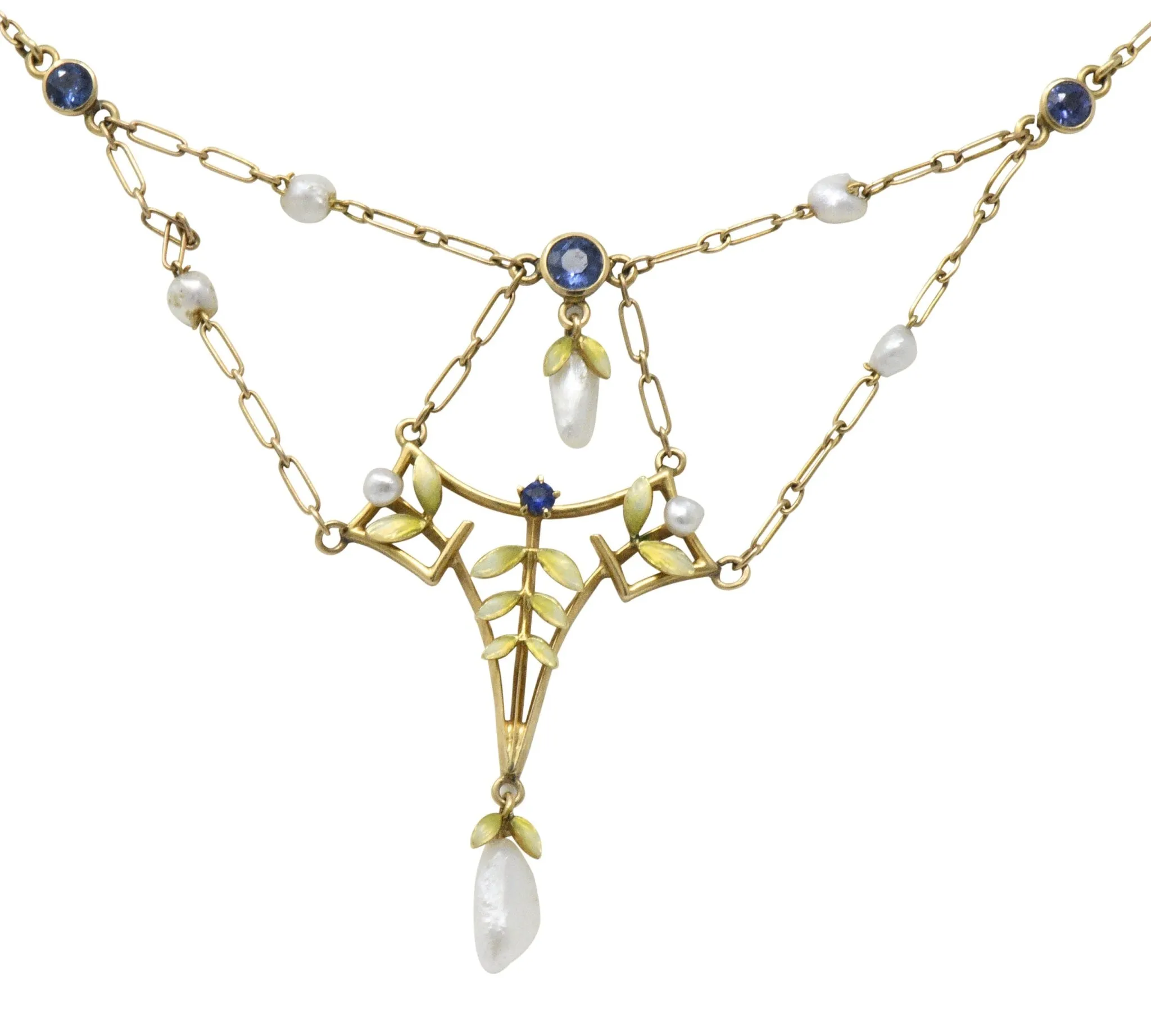 Krementz Art Nouveau Sapphire Enamel Pearl 14 Karat Gold Swag Necklace