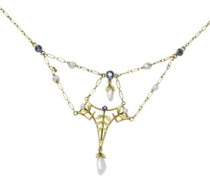 Krementz Art Nouveau Sapphire Enamel Pearl 14 Karat Gold Swag Necklace