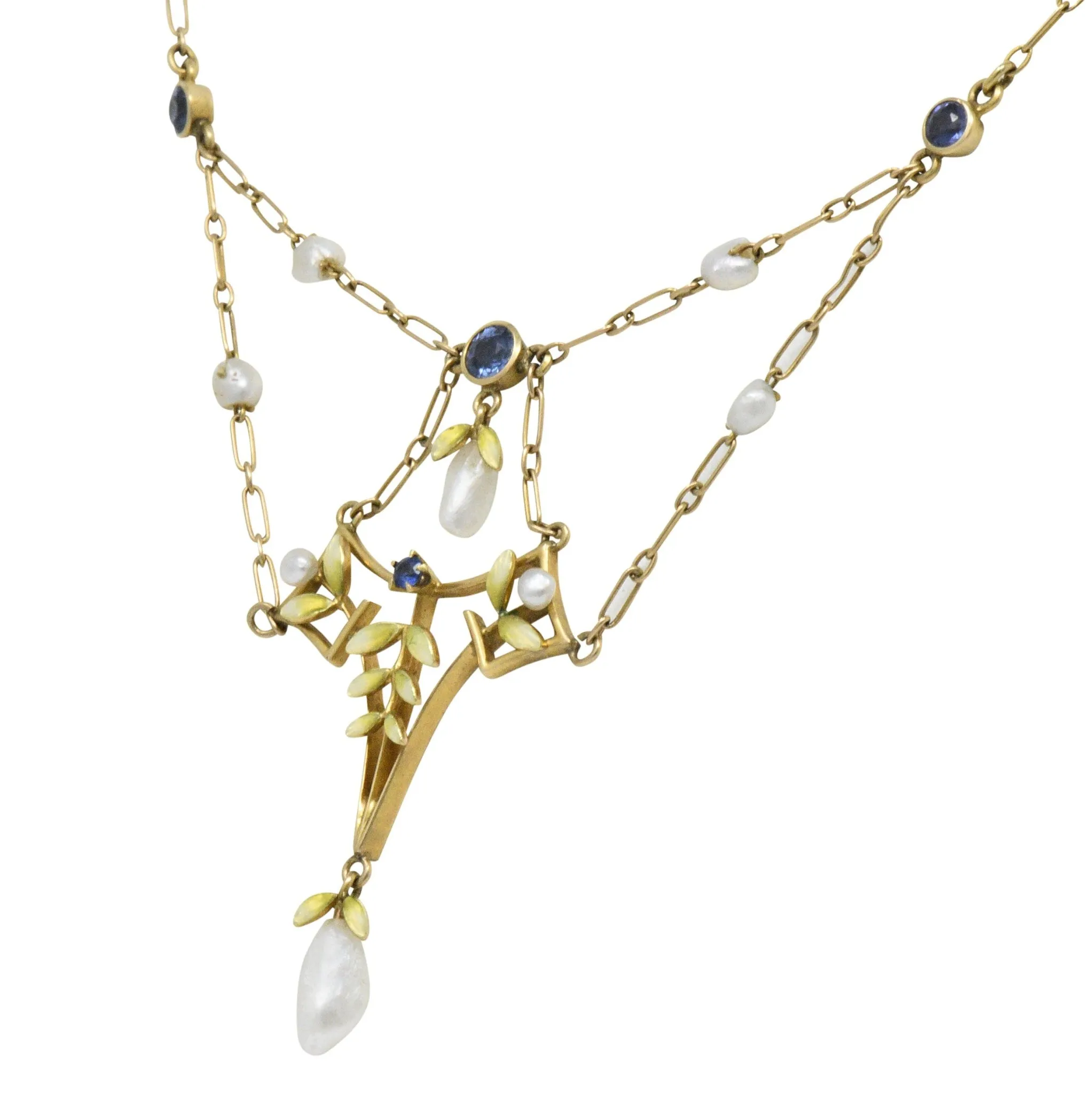 Krementz Art Nouveau Sapphire Enamel Pearl 14 Karat Gold Swag Necklace