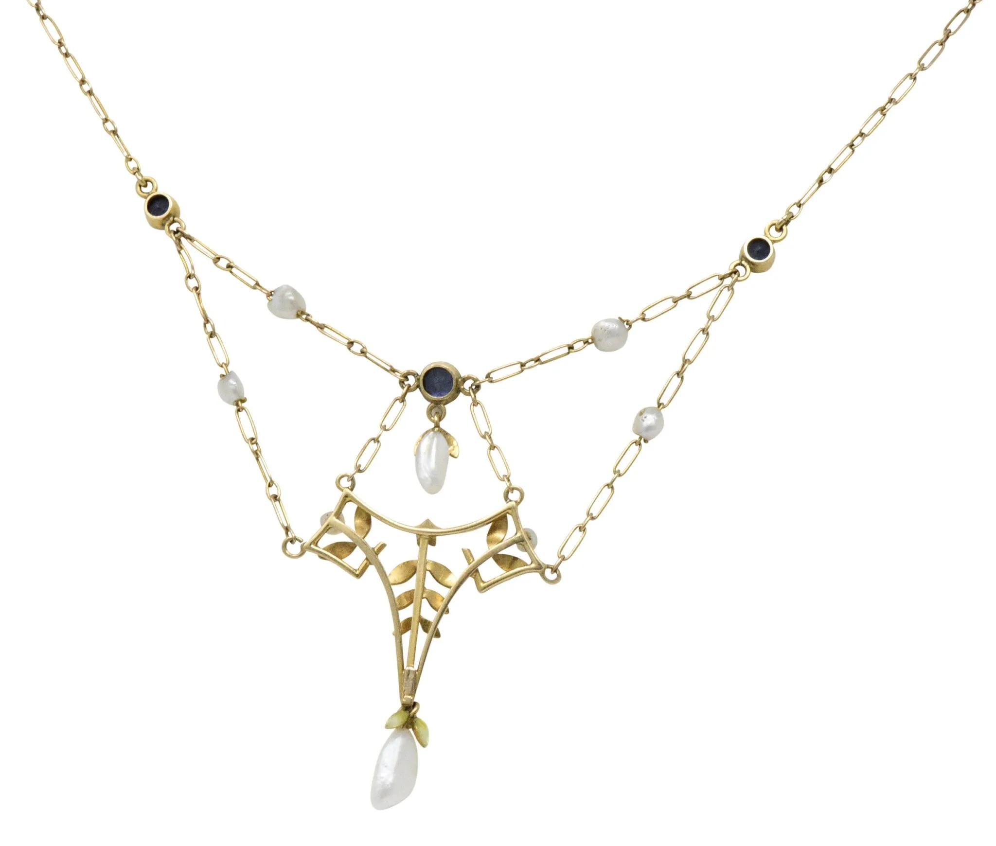 Krementz Art Nouveau Sapphire Enamel Pearl 14 Karat Gold Swag Necklace
