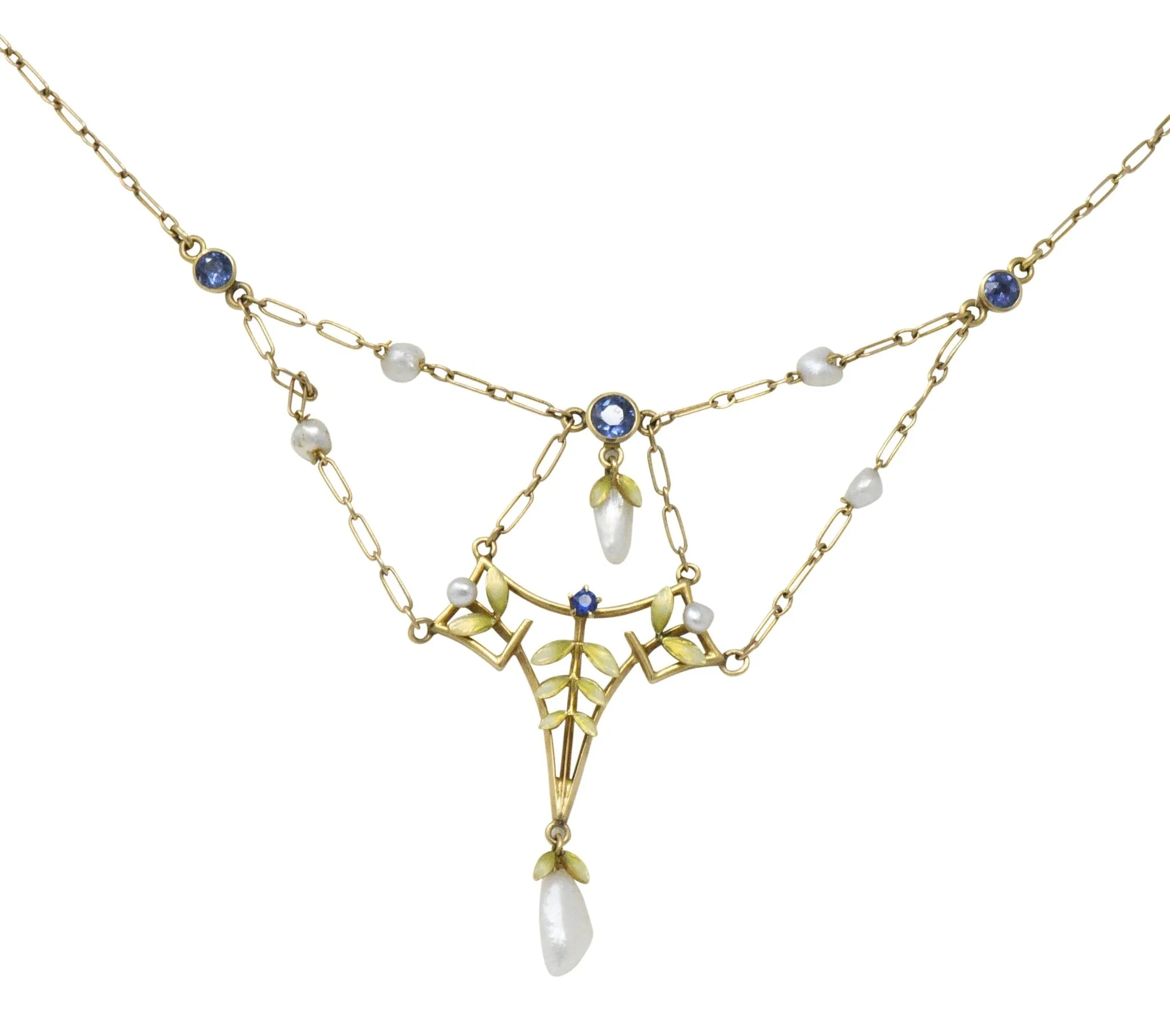 Krementz Art Nouveau Sapphire Enamel Pearl 14 Karat Gold Swag Necklace
