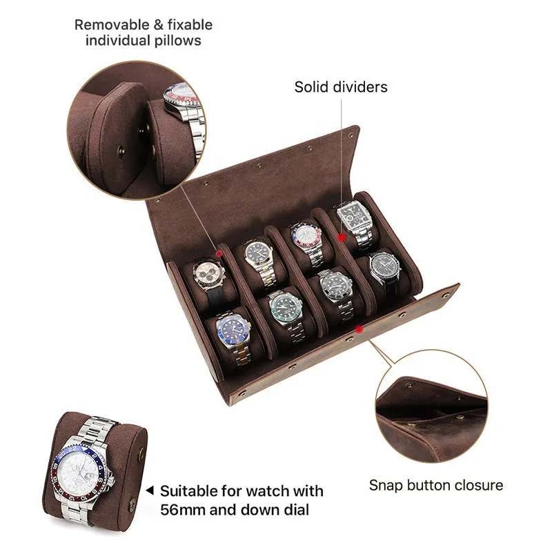 Leather 8-Slot Portable Watch Roll Travel Case