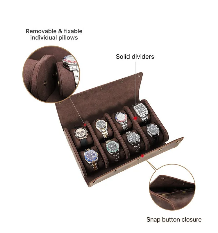 Leather 8-Slot Portable Watch Roll Travel Case