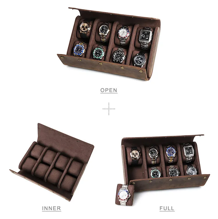 Leather 8-Slot Portable Watch Roll Travel Case