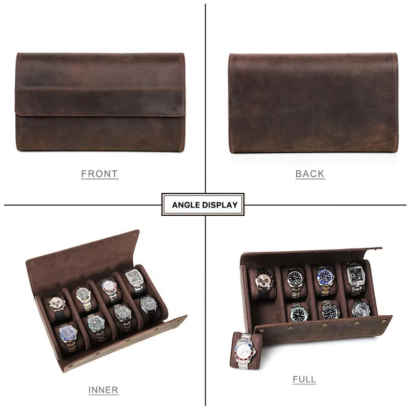 Leather 8-Slot Portable Watch Roll Travel Case