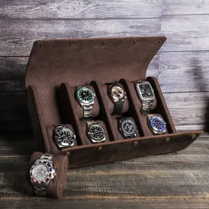 Leather 8-Slot Portable Watch Roll Travel Case