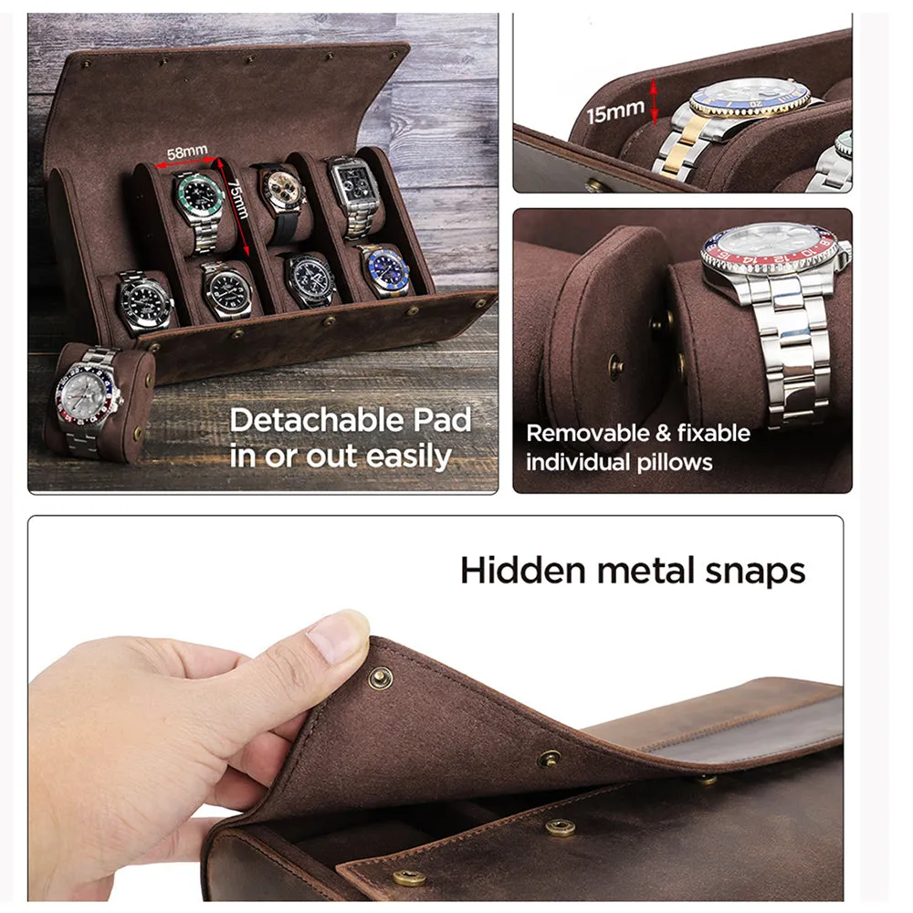 Leather 8-Slot Portable Watch Roll Travel Case