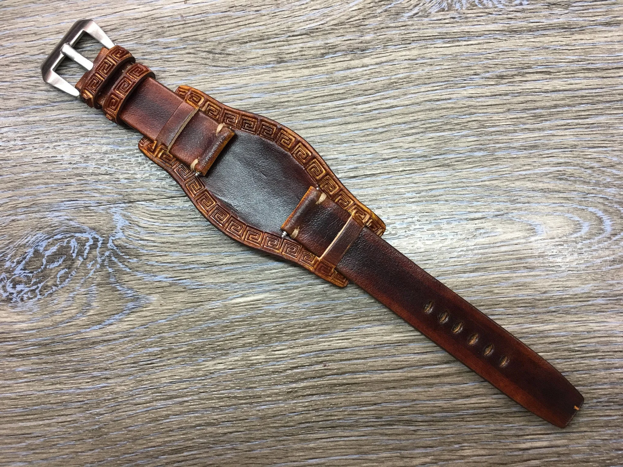 Leather Engraving Watch Straps in 20mm, Brown Watch Band with Leather Pad, Leather Bund Straps in 19mm