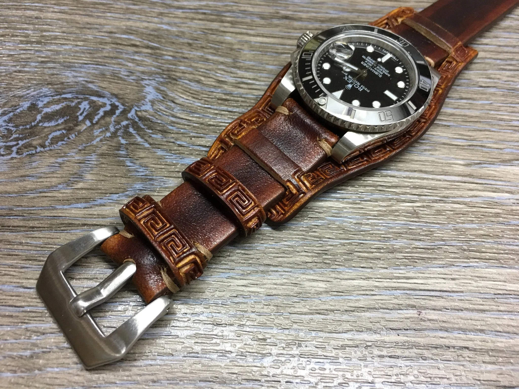 Leather Engraving Watch Straps in 20mm, Brown Watch Band with Leather Pad, Leather Bund Straps in 19mm
