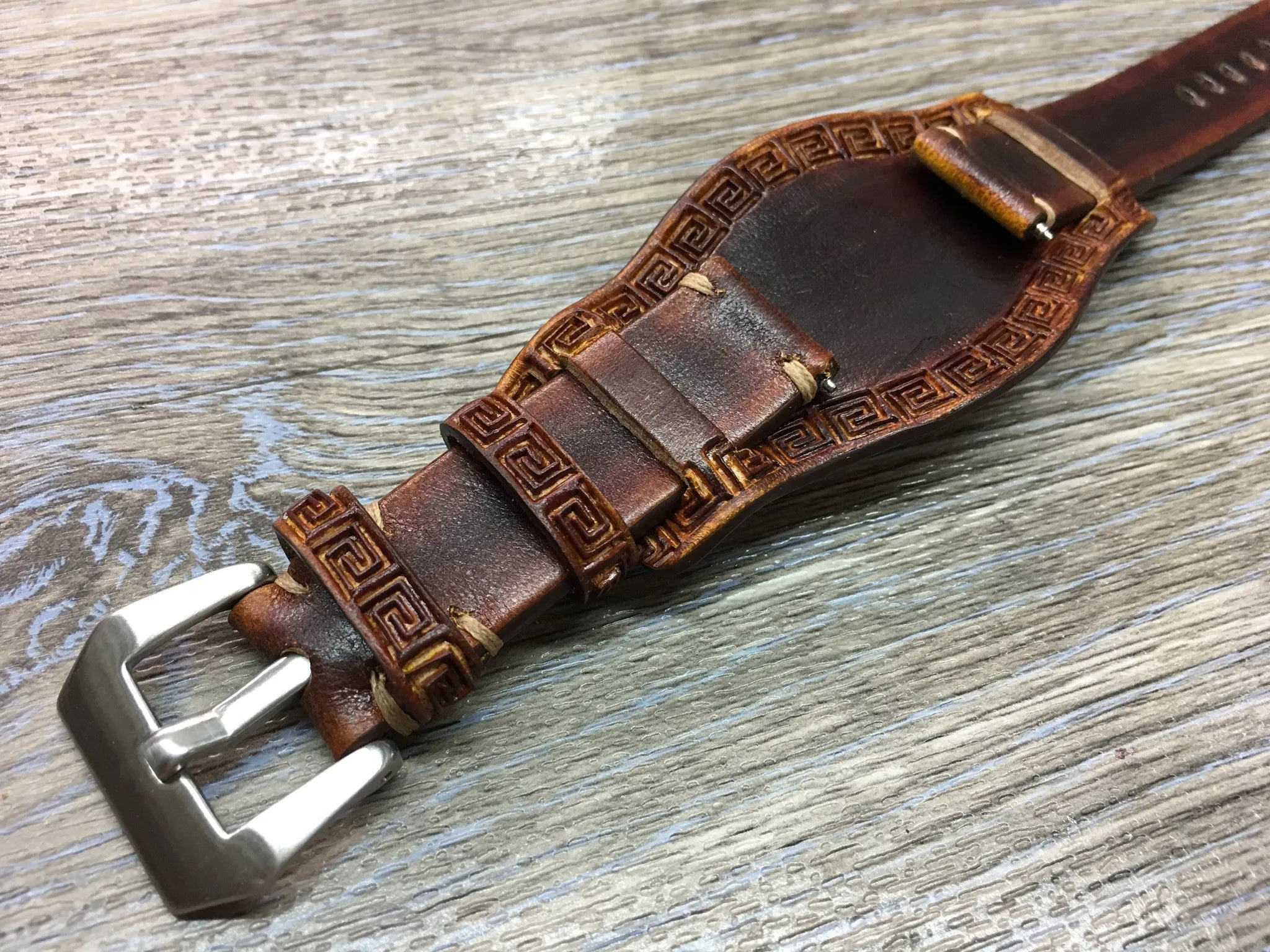 Leather Engraving Watch Straps in 20mm, Brown Watch Band with Leather Pad, Leather Bund Straps in 19mm