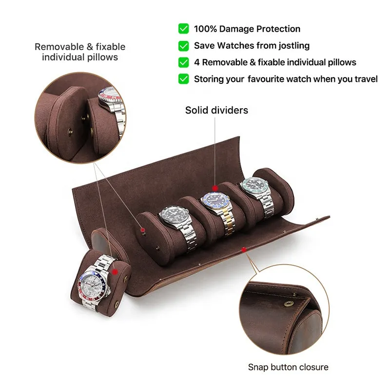 Leather Portable Watch Roll Travel Case for 4 Watches