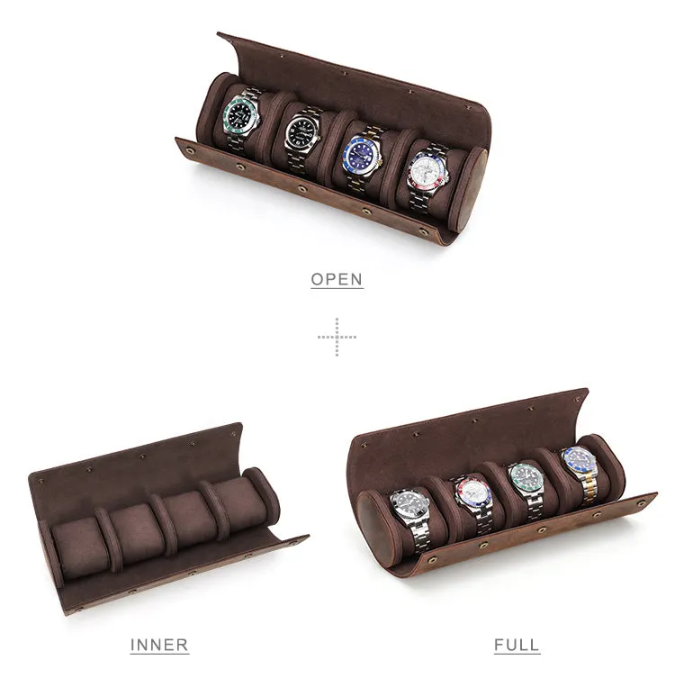 Leather Portable Watch Roll Travel Case for 4 Watches