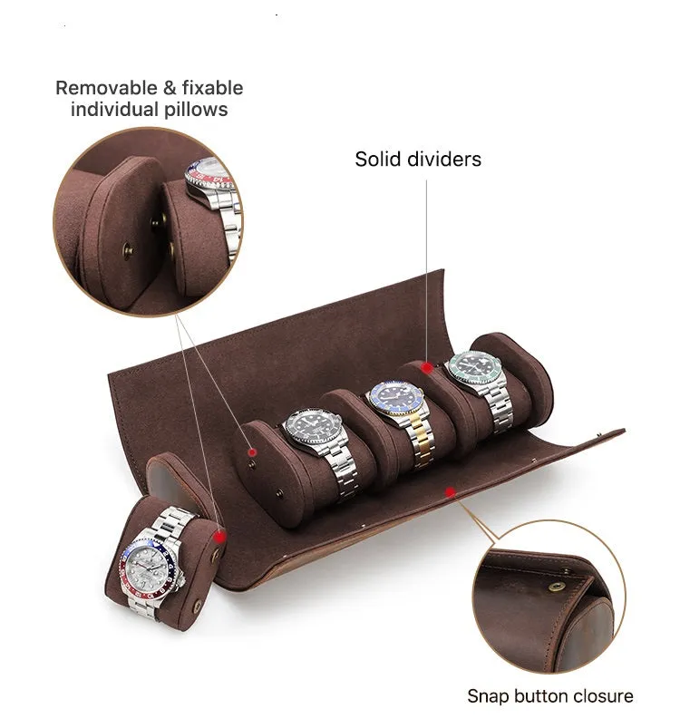 Leather Portable Watch Roll Travel Case for 4 Watches