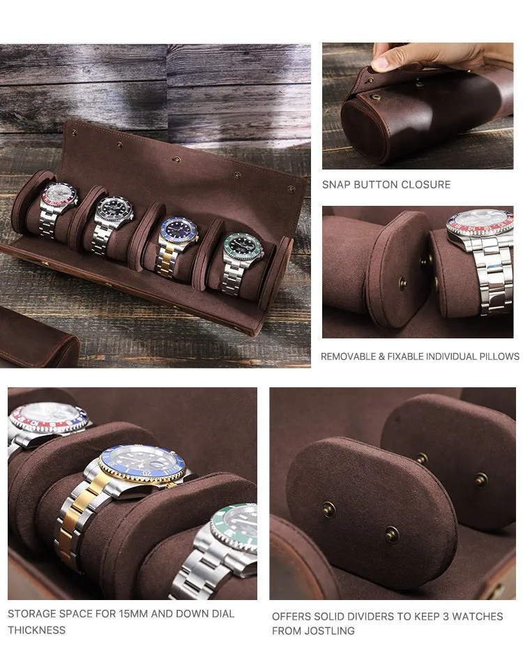 Leather Portable Watch Roll Travel Case for 4 Watches