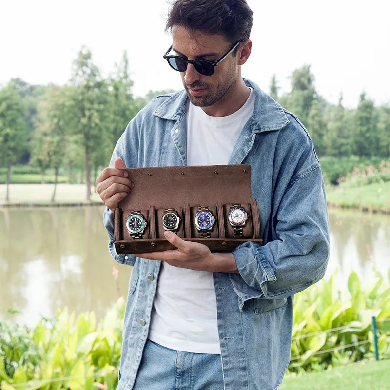 Leather Portable Watch Roll Travel Case for 4 Watches