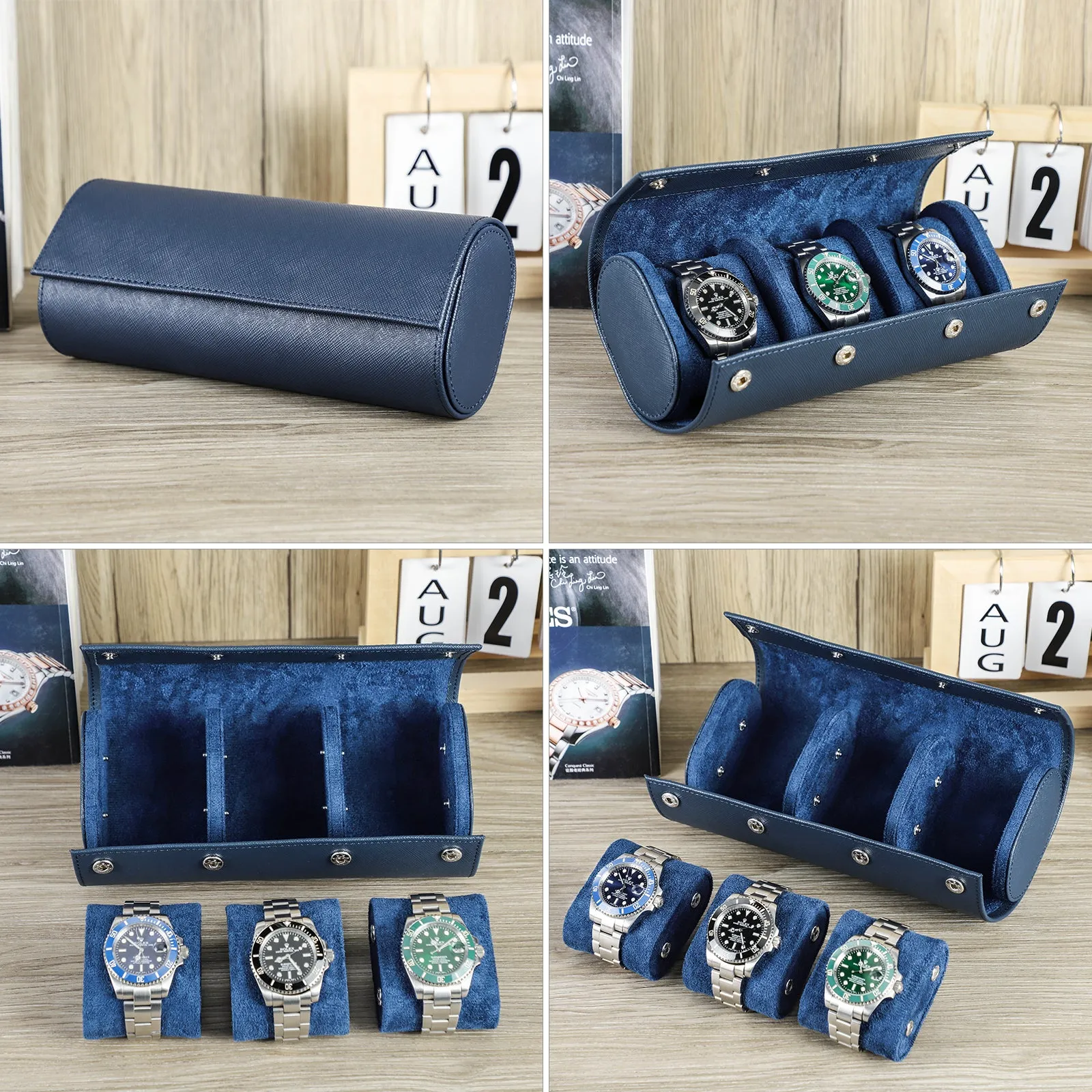 Leather Watch Roll Travel Case with Snap Pillows