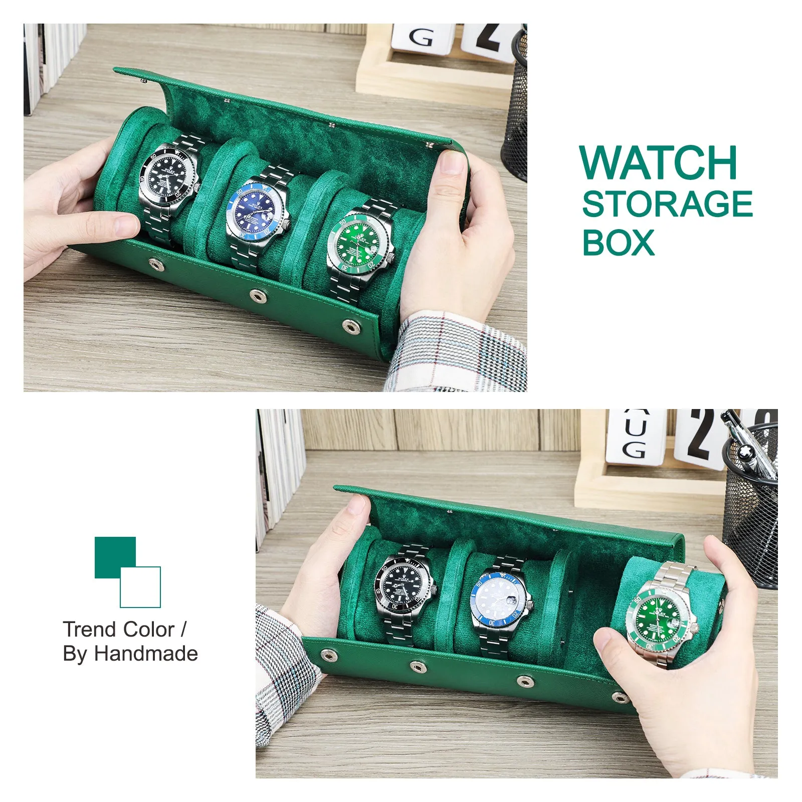 Leather Watch Roll Travel Case with Snap Pillows