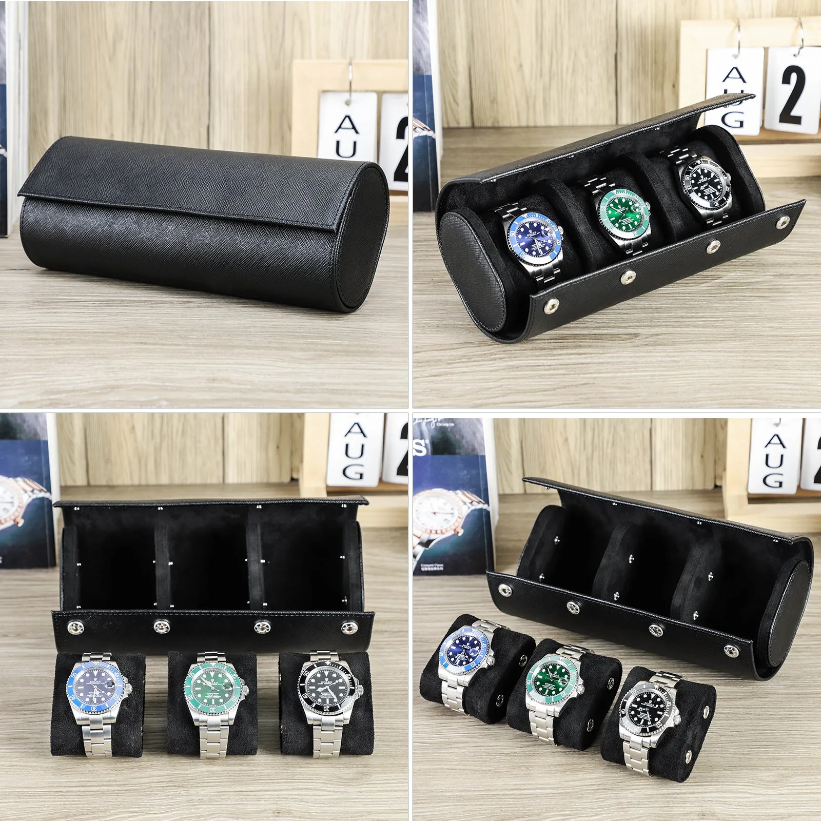 Leather Watch Roll Travel Case with Snap Pillows