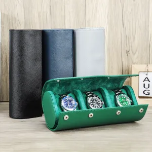 Leather Watch Roll Travel Case with Snap Pillows