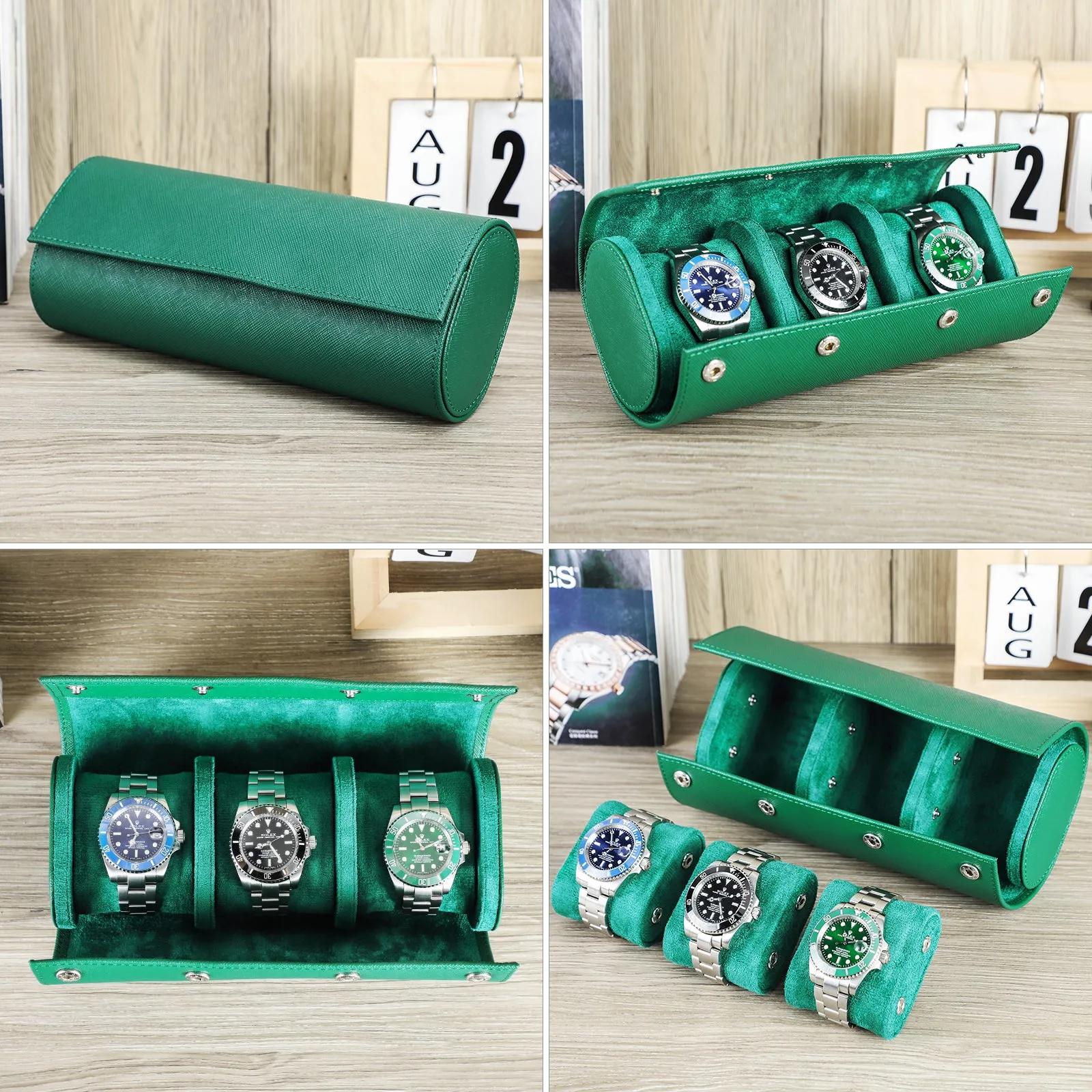 Leather Watch Roll Travel Case with Snap Pillows